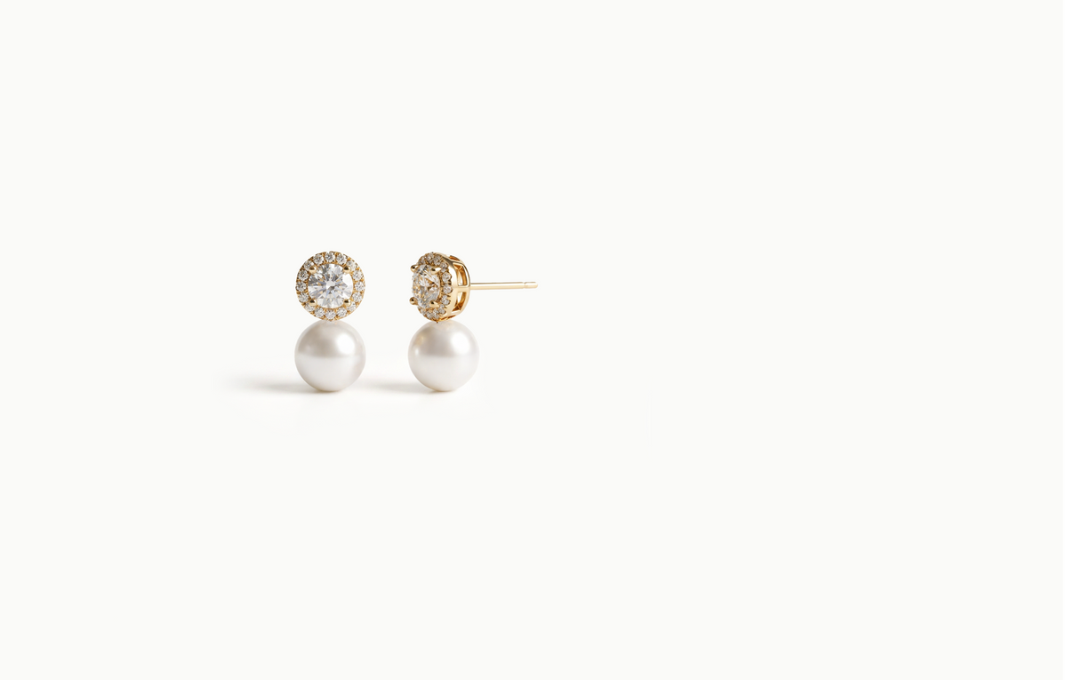 Gold halo crystal stud earrings with a pearl