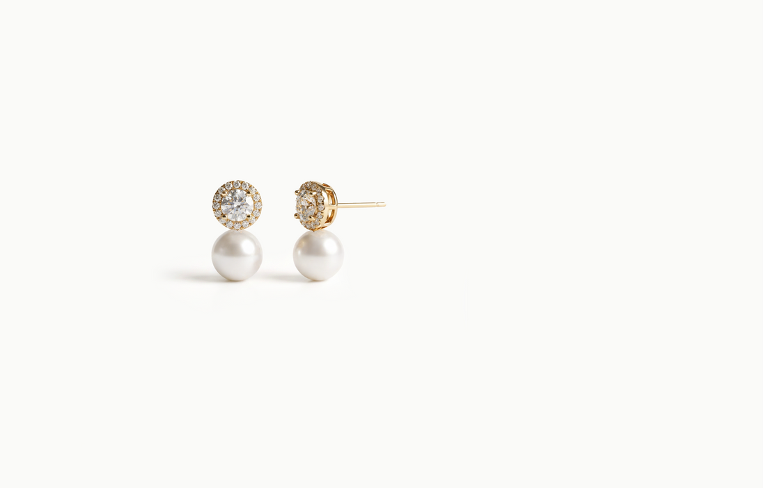 Gold halo crystal stud earrings with a pearl