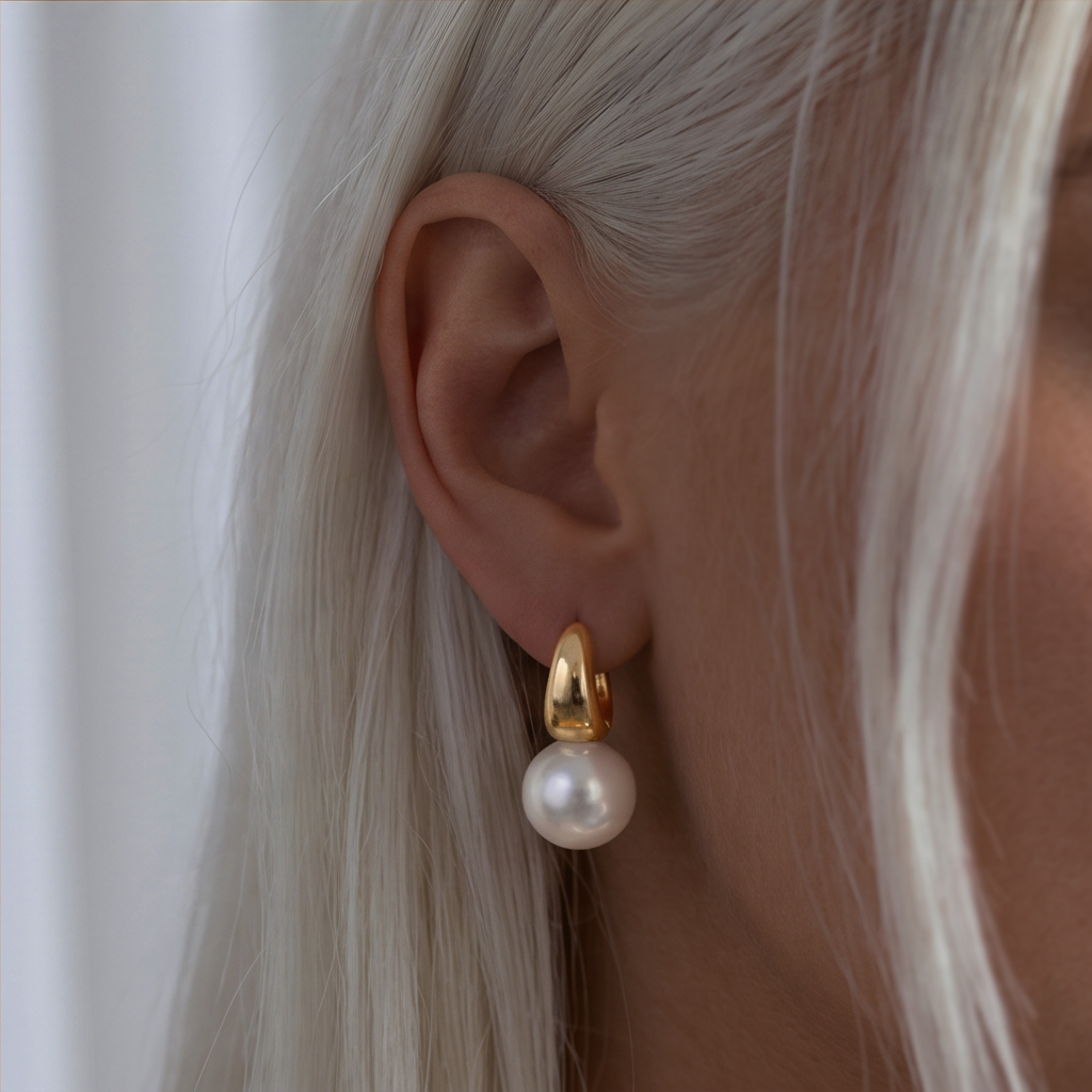 Classic Pearl drop earrings worn on the ear, gold curved top and white pearl, light grey hair