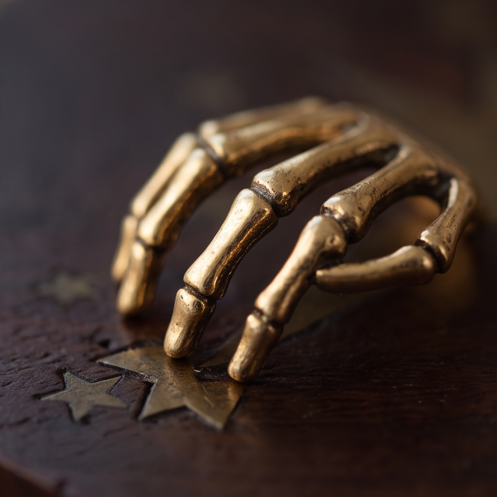 Golden Skeleton Hand ear cuff laid on a dark wooden surface with small gold stars, bony fingers curved
