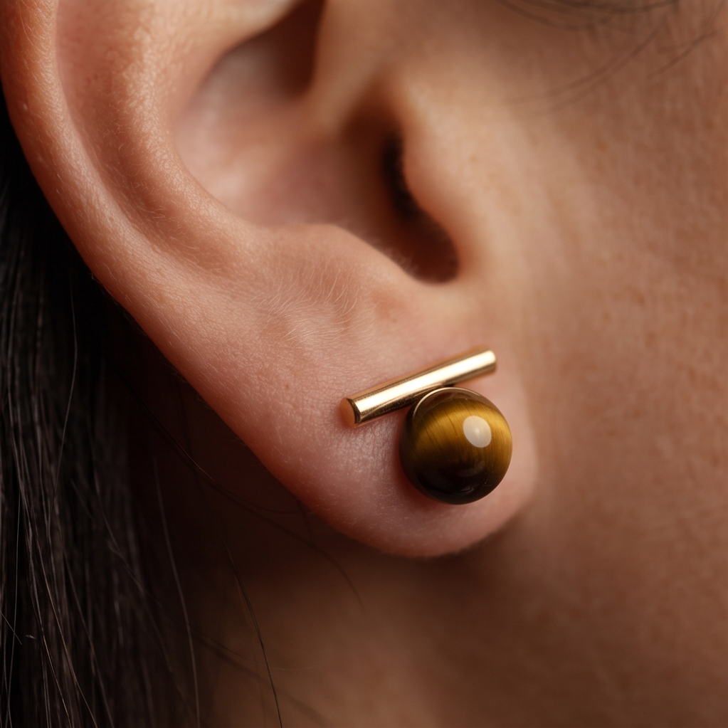 Wood Orb Bar stud earrings worn on the ear, gold bar above a round brown bead
