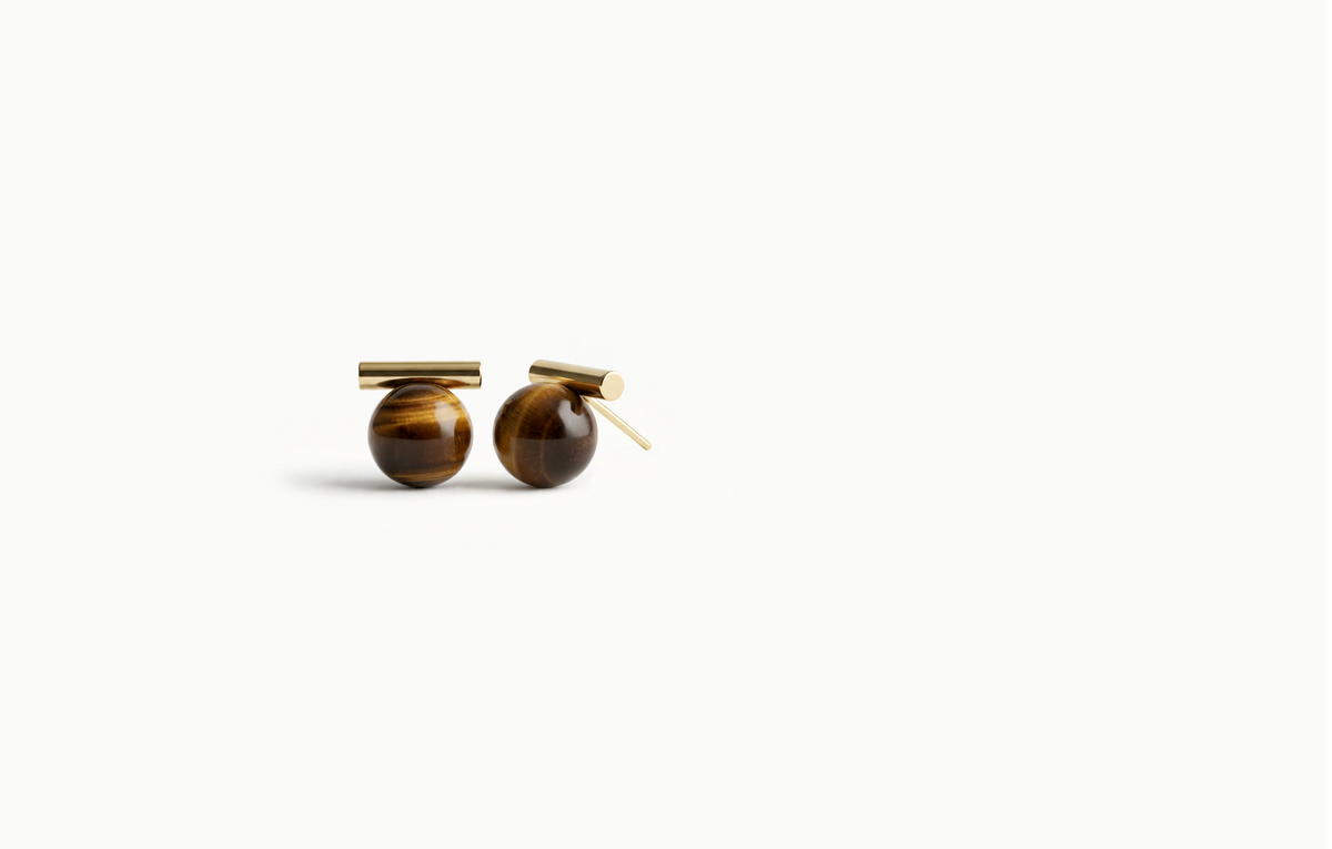 Gold bar stud earrings with a striped wood bead