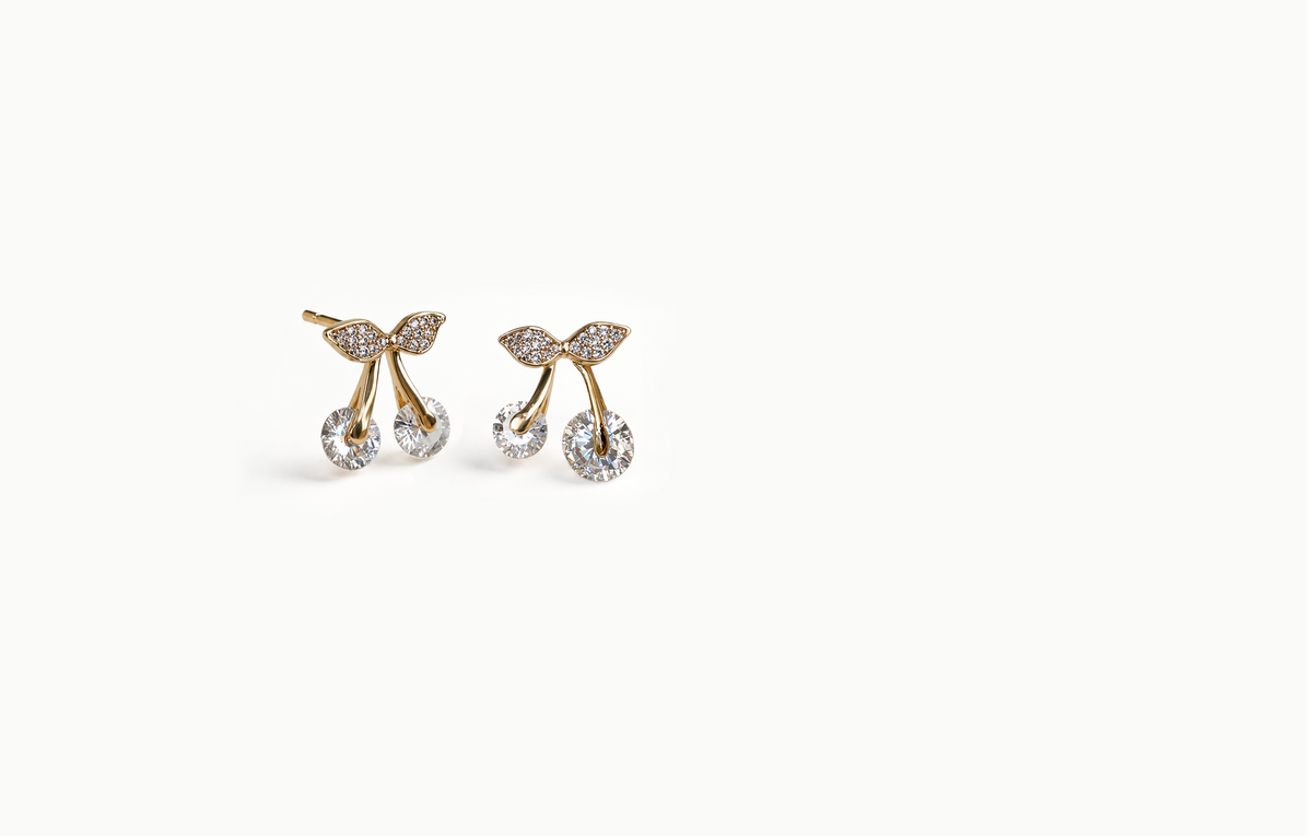 Gold cherry stud earrings with crystal cherries and crystal leaves