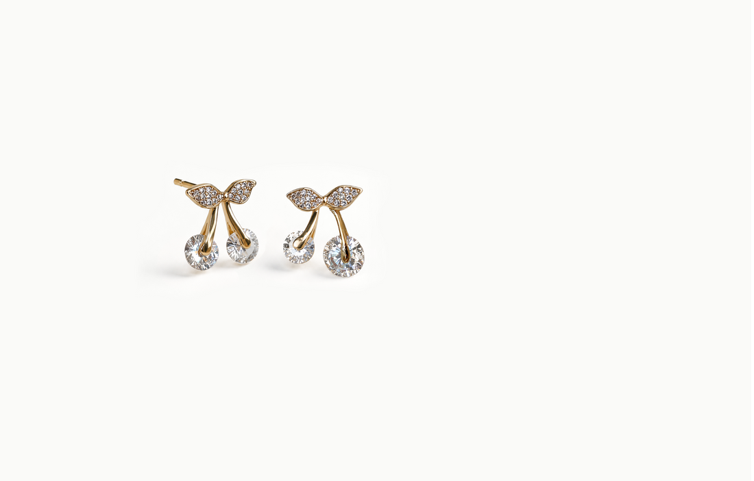 Gold cherry stud earrings with crystal cherries and crystal leaves