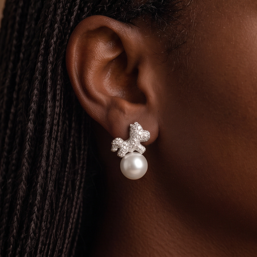 Crystal Carousel Pearl earrings worn on the ear, silver crystal-covered horse above a round white pearl