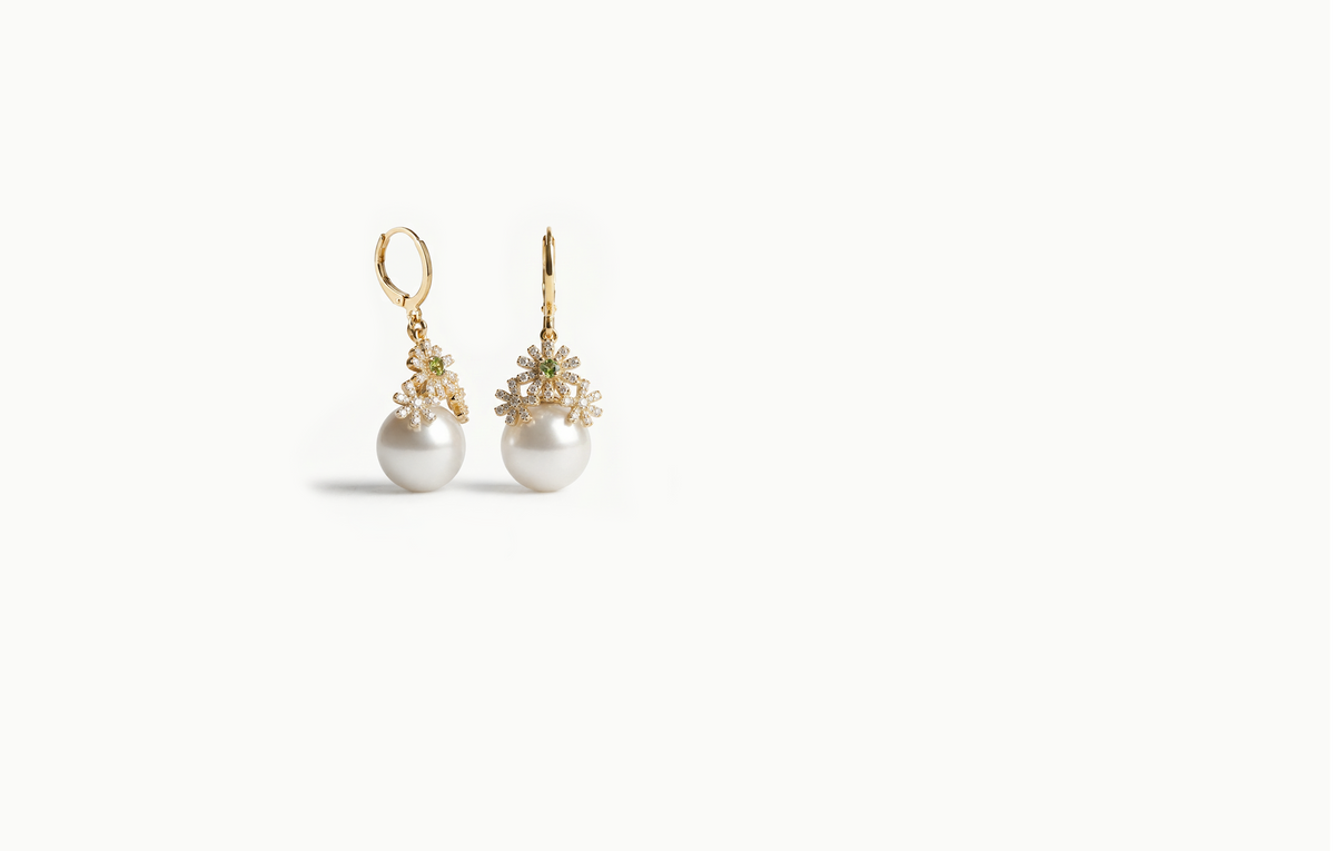 Gold drop earrings with crystal daisies and a large pearl