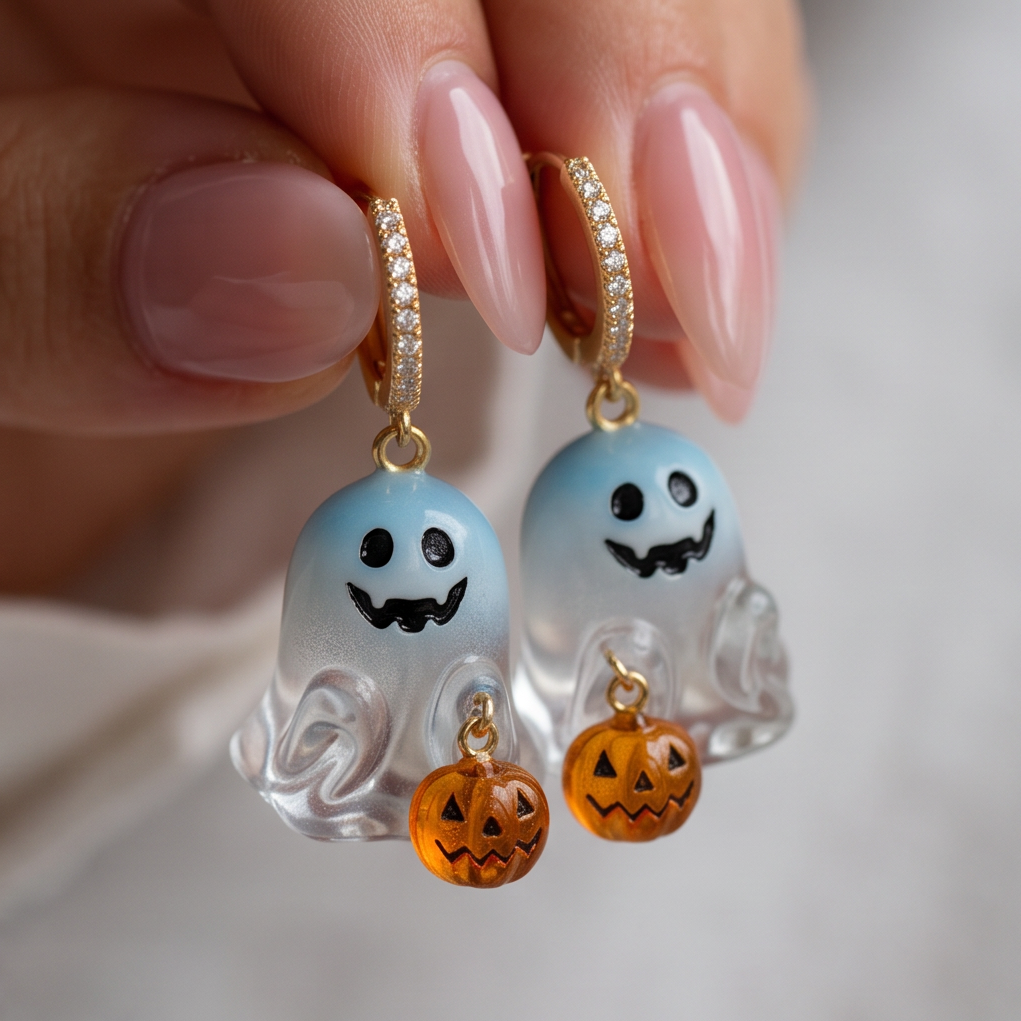 Trick or Treat Ghost earrings held in a hand, pale blue ghosts with tiny orange pumpkins on gold crystal hoops