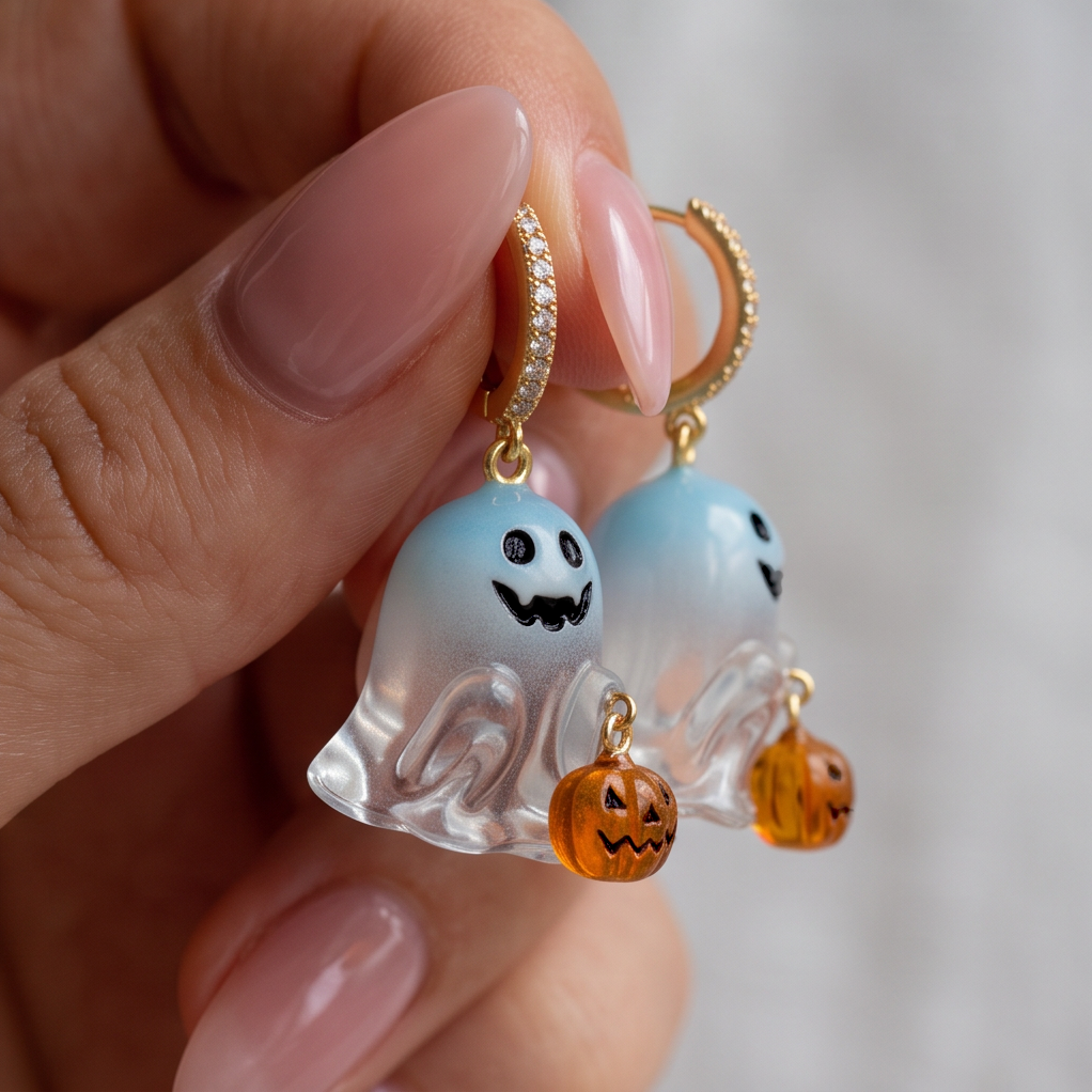 Trick or Treat Ghost earrings close-up in a hand, blue and clear ghosts each carrying a small orange pumpkin