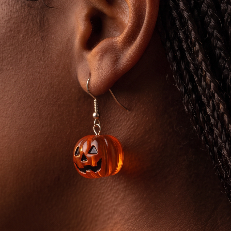 Candy Pumpkin drop earring worn on the ear, translucent orange jack-o-lantern hanging against braided hair