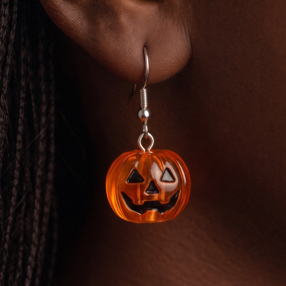 Candy Pumpkin drop earring close-up, orange jack-o-lantern with a carved face hanging below the ear
