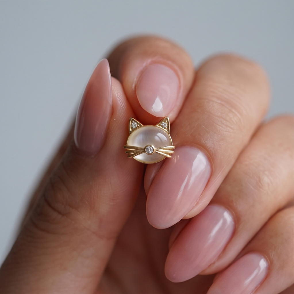 Mini Kitten stud earring held up in a hand, gold cat face with whiskers against a soft grey background