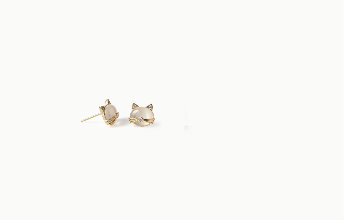 Mini cream kitten stud earrings with gold whiskers and crystal ears