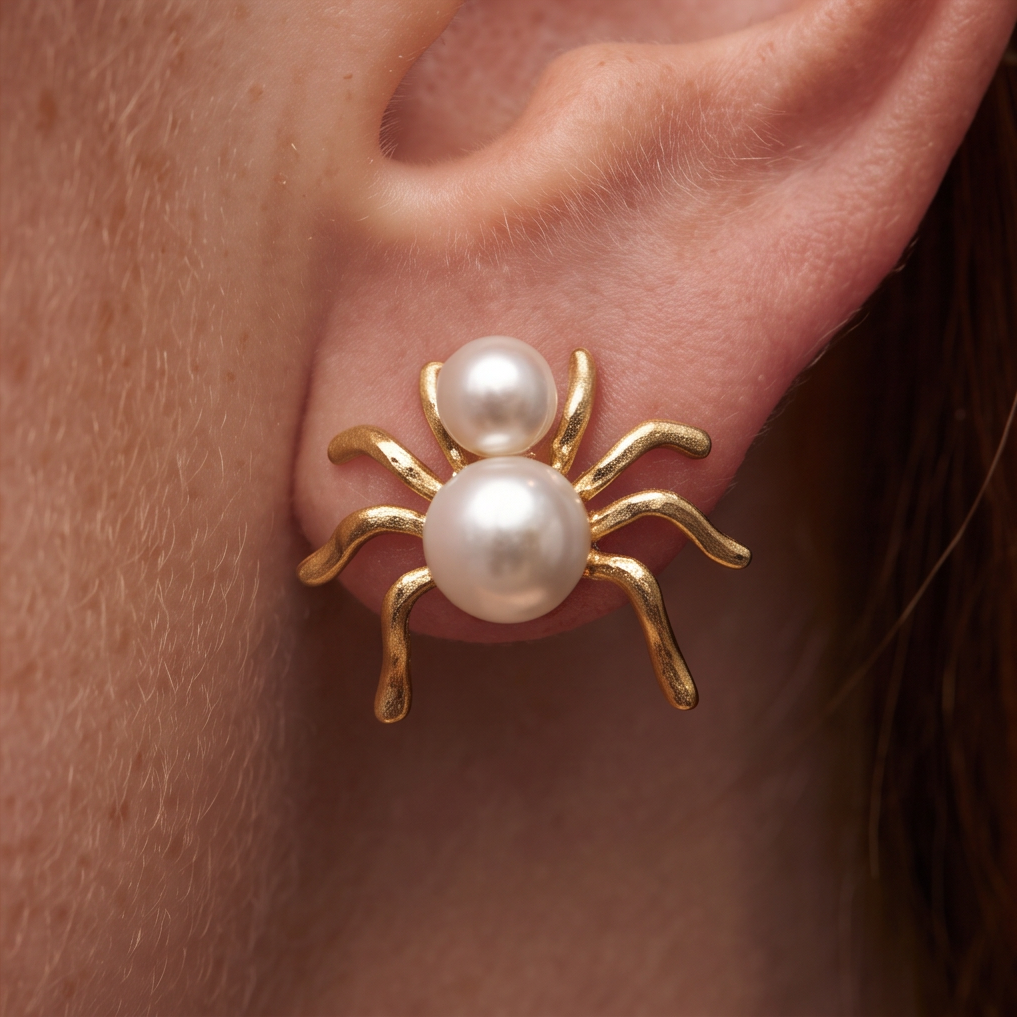 Pearl Spider stud earrings worn on the ear, extreme close-up of the gold legs and two pearls