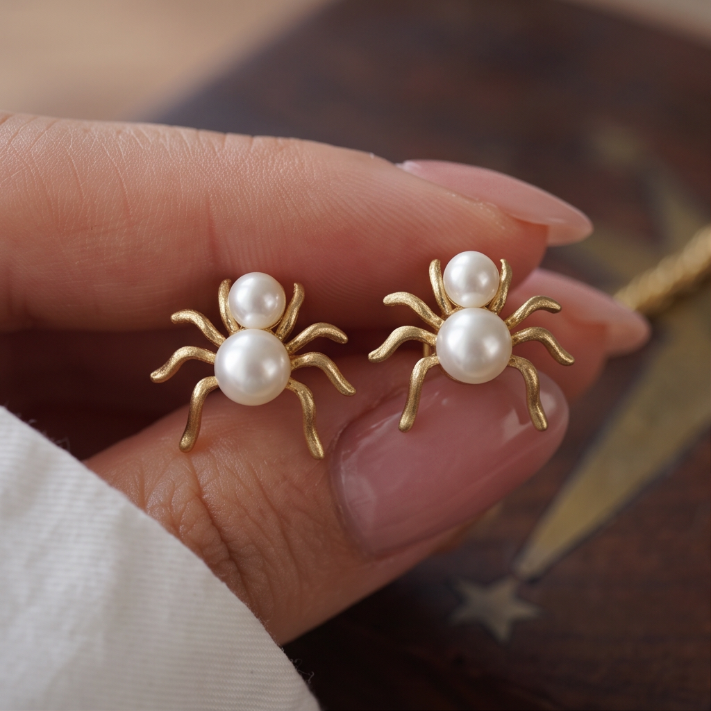 Pearl Spider stud earrings held between fingertips against a dark wood surface with gold star details