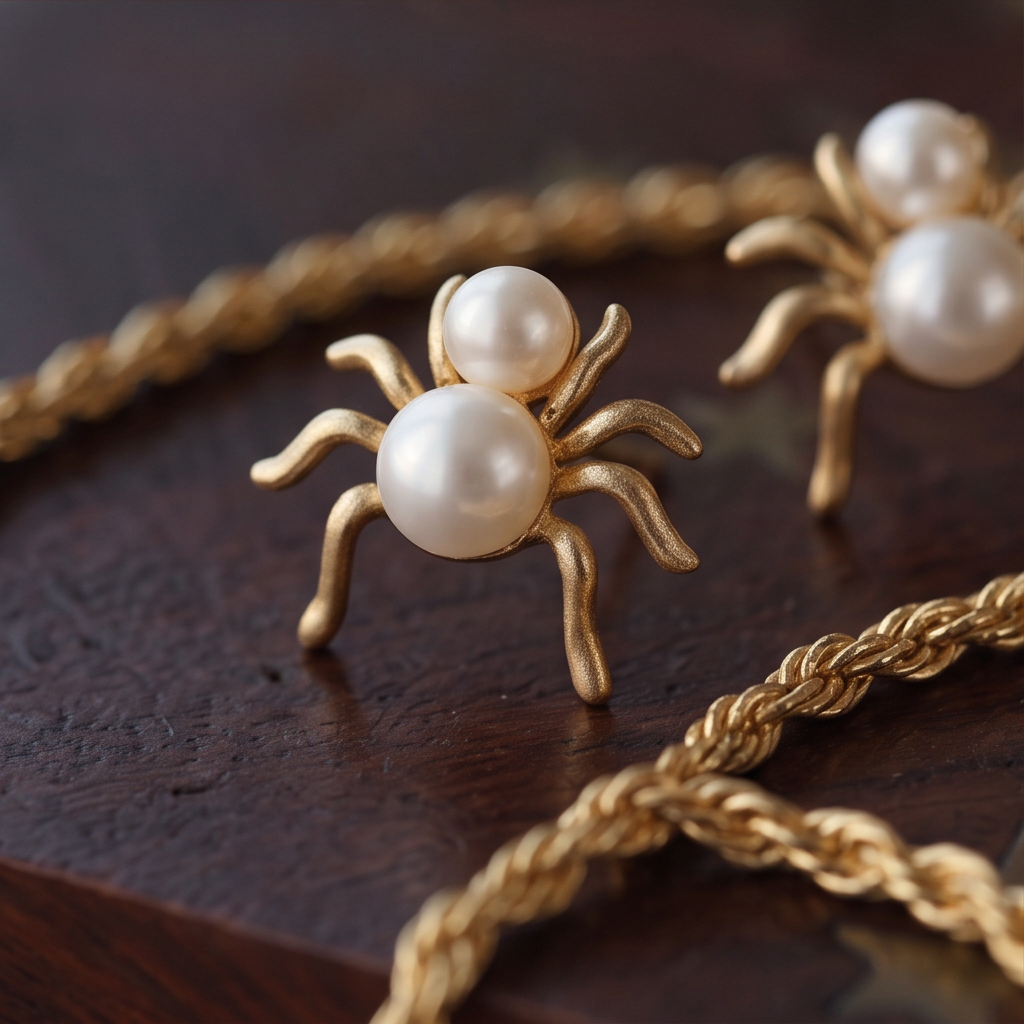 Pearl Spider stud earrings resting on dark wood beside gold twisted chains, one pair blurred behind