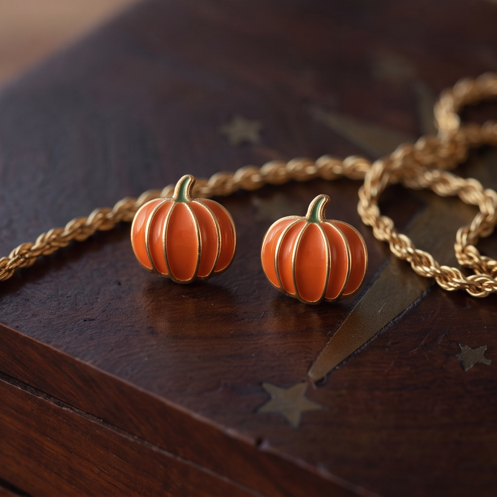 Pumpkin Patch stud earrings pair on a dark wooden box with gold twisted chains and star inlay
