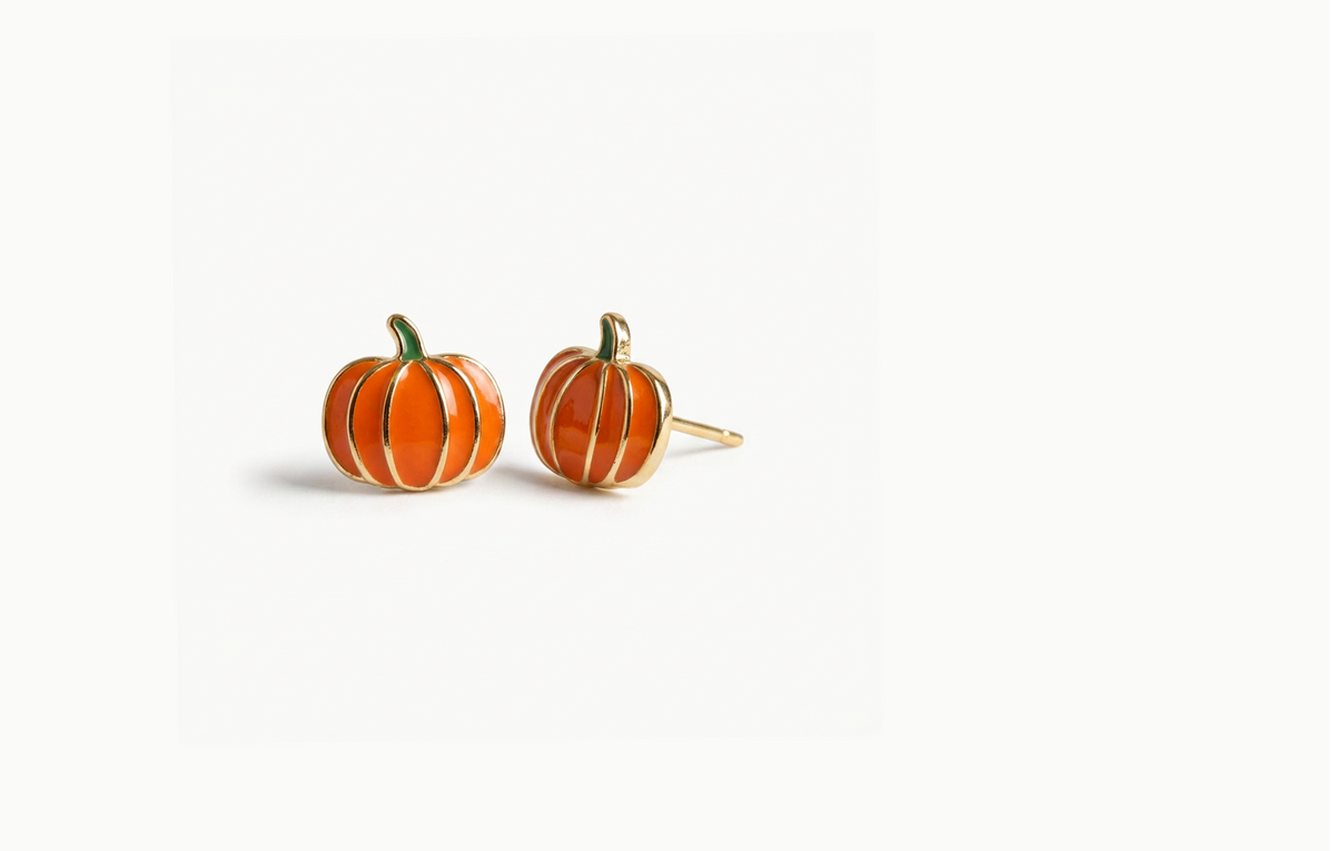 Orange pumpkin stud earrings with gold ribs and a green stem