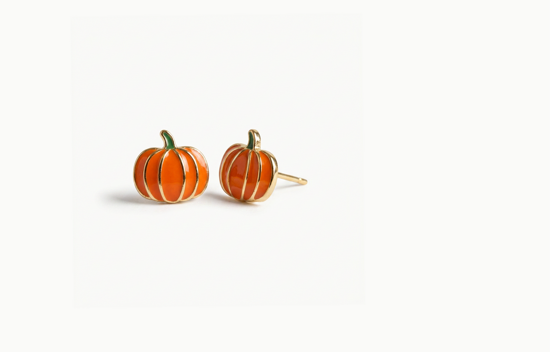 Orange pumpkin stud earrings with gold ribs and a green stem
