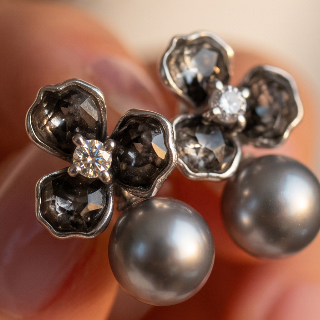 Crystal Chrome Pearl earrings close-up held in fingers, dark crystal petals with grey pearl drops