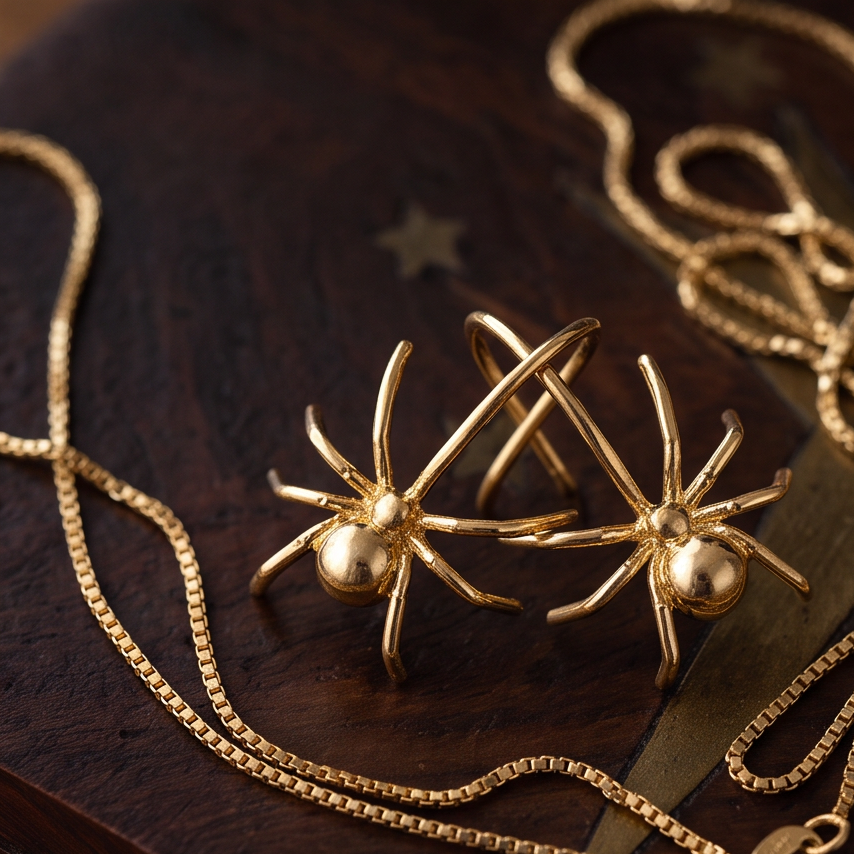 Long Legs Spider earrings, two gold spiders laid on dark wood among fine gold jewelry