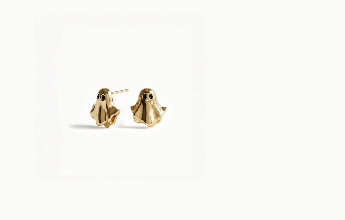 Gold ghost stud earrings with black eyes