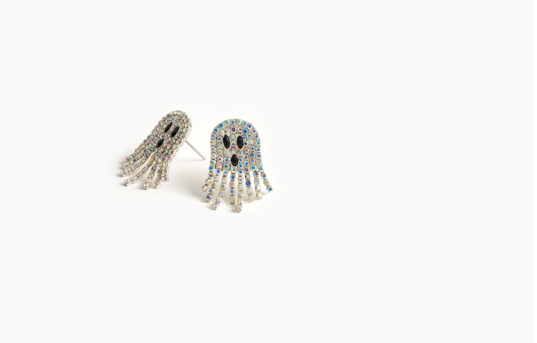Large iridescent crystal ghost earrings with a crystal fringe