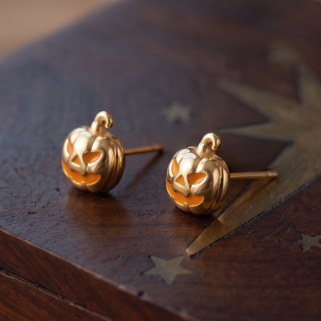 Golden Jack Pumpkin stud earrings, a pair of gold pumpkins with orange faces lying on a dark wooden surface