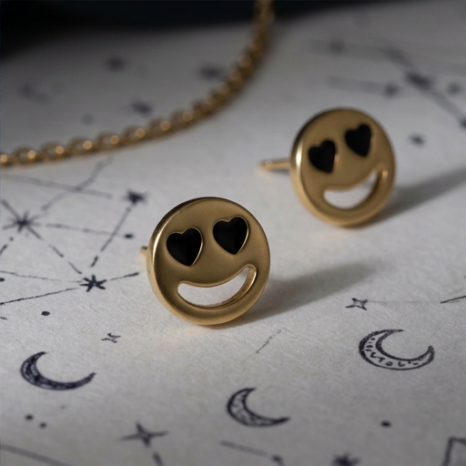 Smitten Smiley stud earrings, gold smiley faces with black heart eyes on a star and moon chart
