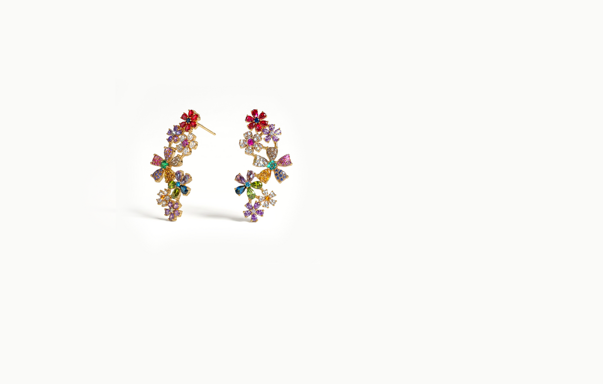 Gold earrings with multicoloured crystal flowers