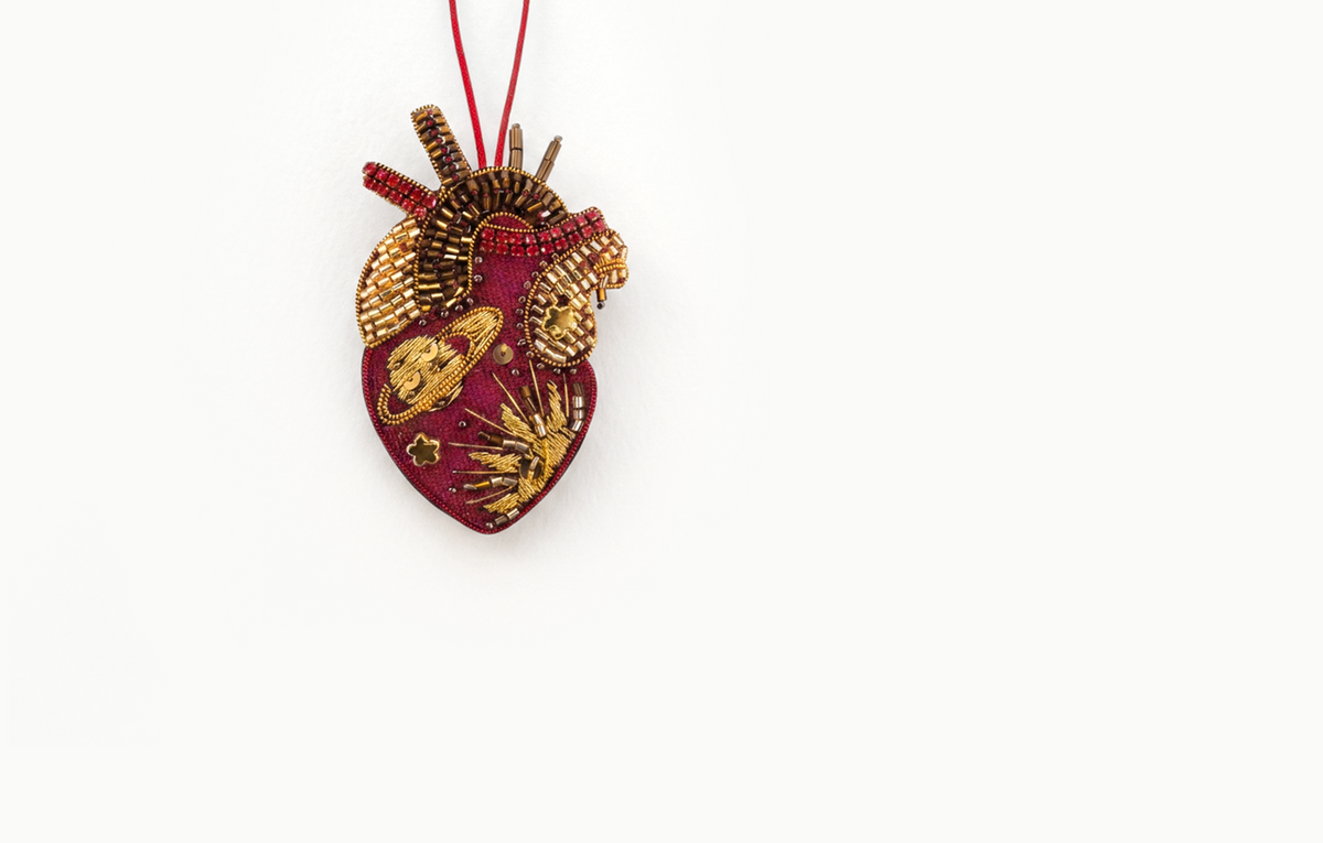 Burgundy beaded heart bag charm with gold detail
