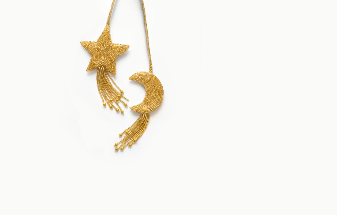 Gold beaded star and crescent moon bag charm with bead fringe