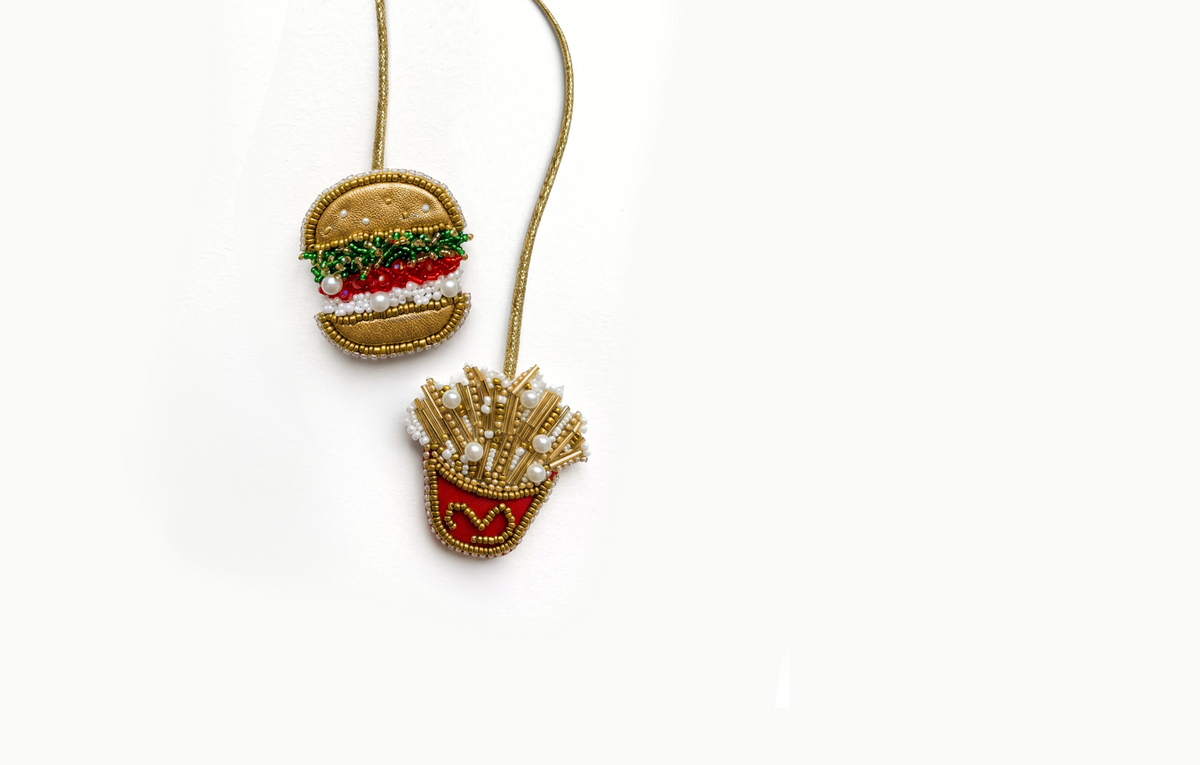 Beaded burger and fries bag charm