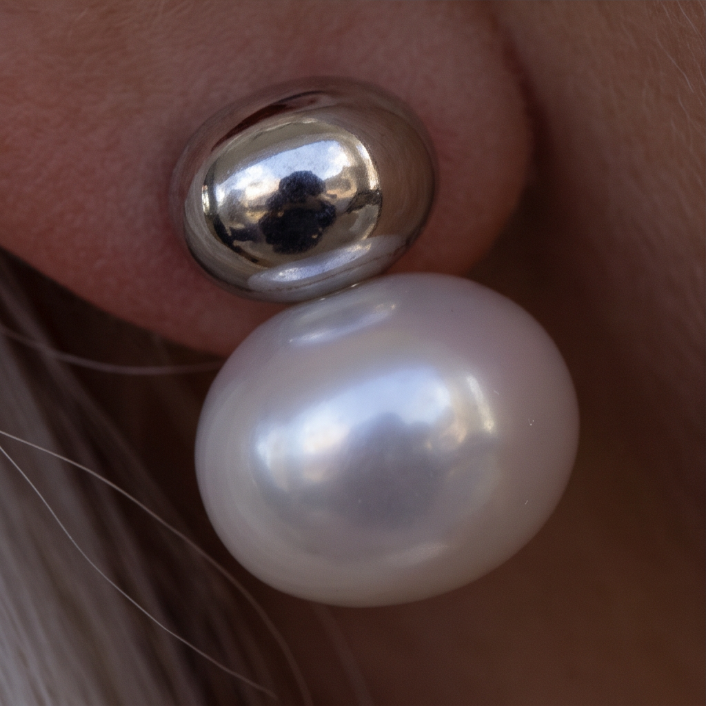 Silver Cap Pearl earrings, macro of a white pearl beneath a mirror-bright silver dome