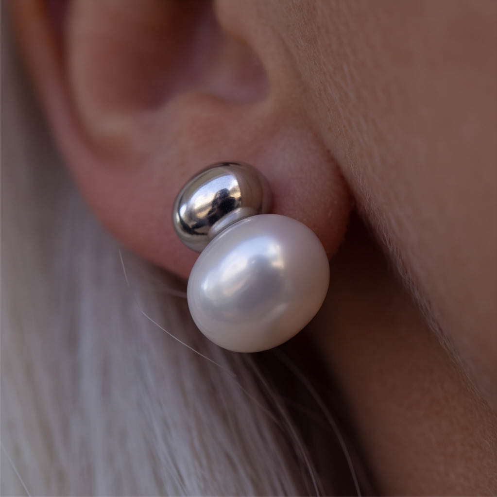 Silver Cap Pearl earrings worn on the ear, white pearl under a silver dome, light grey hair