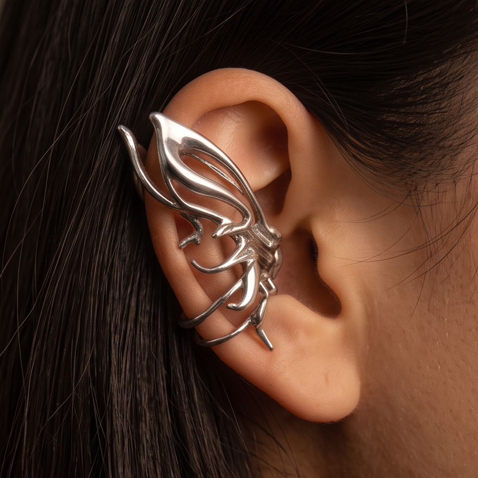 Liquid Butterfly crystal ear cuff worn on the ear, silver butterfly wing outline, dark hair
