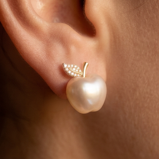 Pearly Apple earrings worn on the ear, white pearl apple with a gold crystal leaf