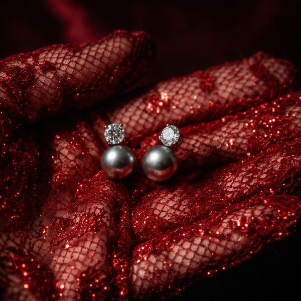 Stormy Pearl earrings in a hand wearing red glitter lace, grey pearls under crystal studs