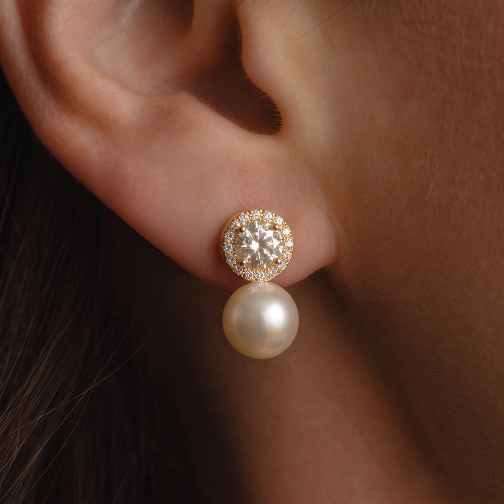 Halo Crystal Pearl earrings worn on the ear, white pearl under a gold crystal halo stud