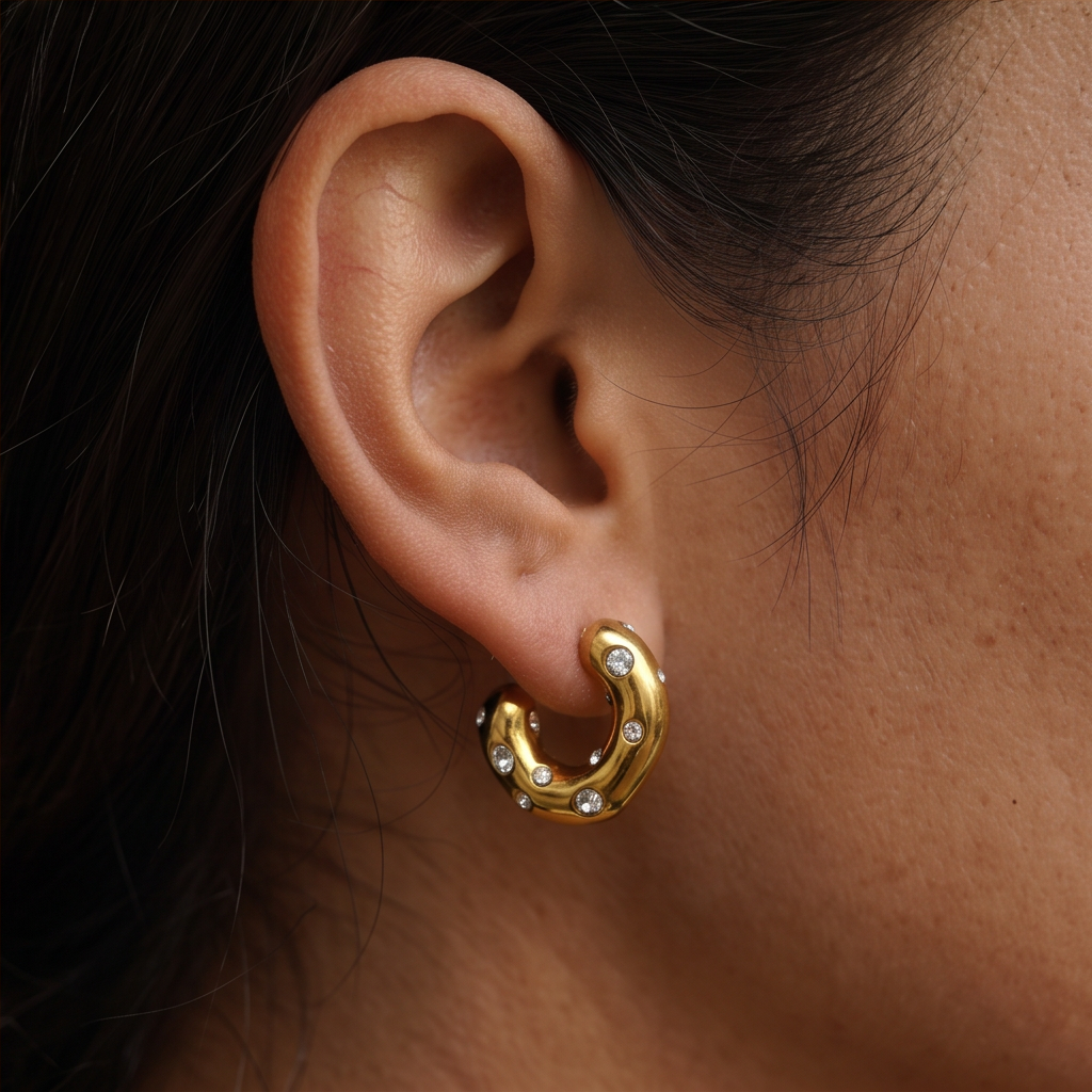 Chunky Spot crystal hoop earrings worn on the ear, side view, gold with small crystals, dark hair