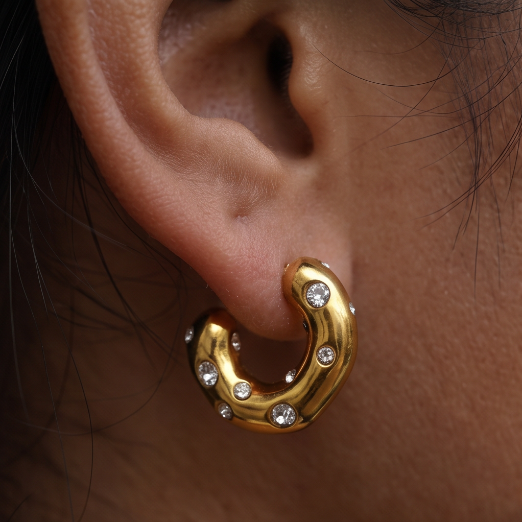 Chunky Spot crystal hoop earrings, close-up of a gold hoop dotted with crystals on the ear