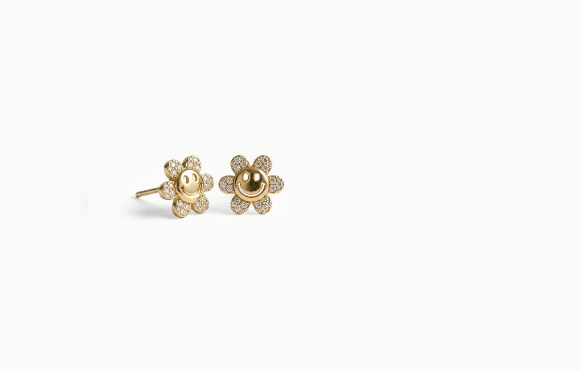 Gold smiley face flower stud earrings with crystal petals
