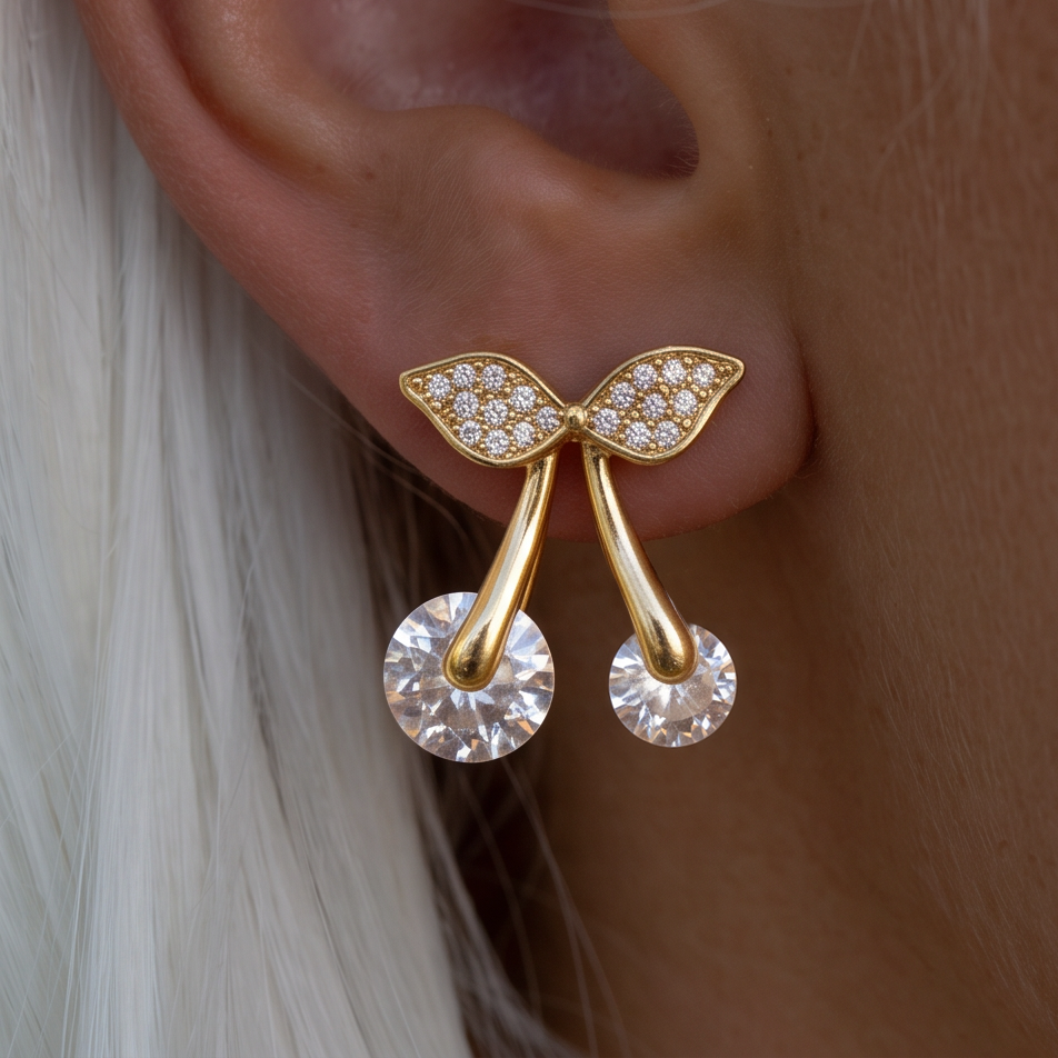 Crystal Cherry earrings worn on the ear, gold stems with crystal leaves and two round crystal cherries