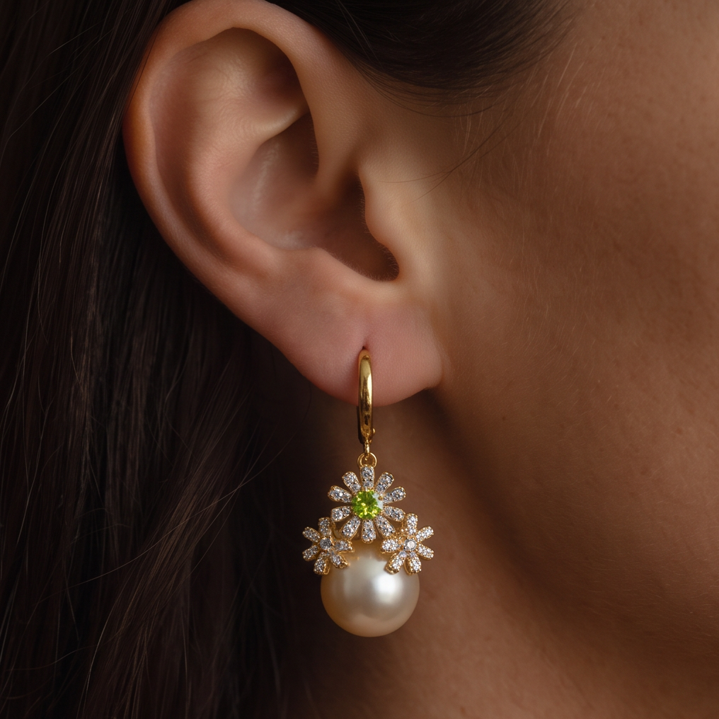 Garden Party crystal pearl earrings worn on the ear, gold hoop with crystal daisies and a cream pearl drop