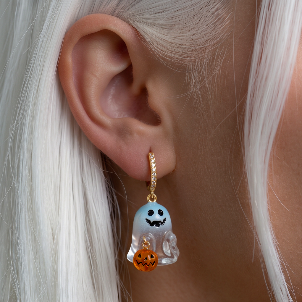 Trick or Treat Ghost earring worn on the ear, blue and clear ghost with a small orange pumpkin, white hair behind