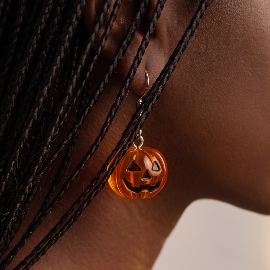 Candy Pumpkin drop earring seen in profile, orange jack-o-lantern hanging behind long thin braids