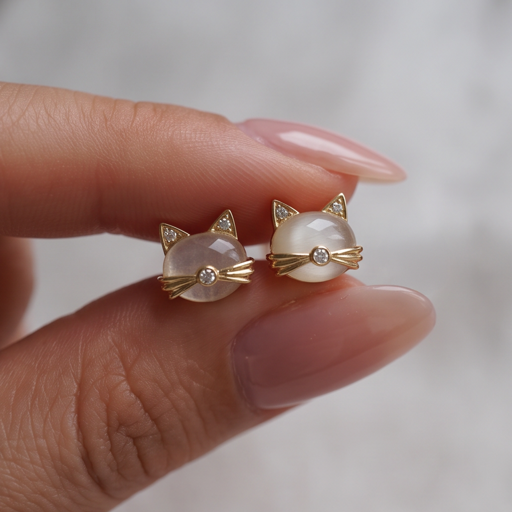 Mini Kitten stud earrings held between fingers, a pair of gold cat faces with crystal ears and nose