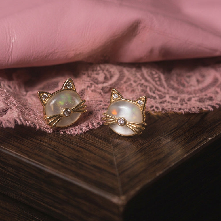 Mini Kitten stud earrings, a pair of gold cat faces with crystal ears on dark wood and dusty pink lace