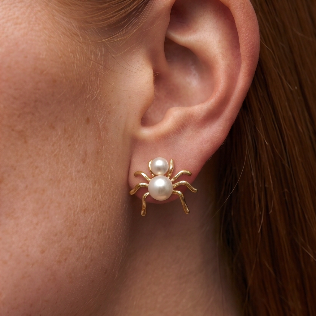 Pearl Spider stud earrings, gold spider with two pearl body worn on the ear, close-up