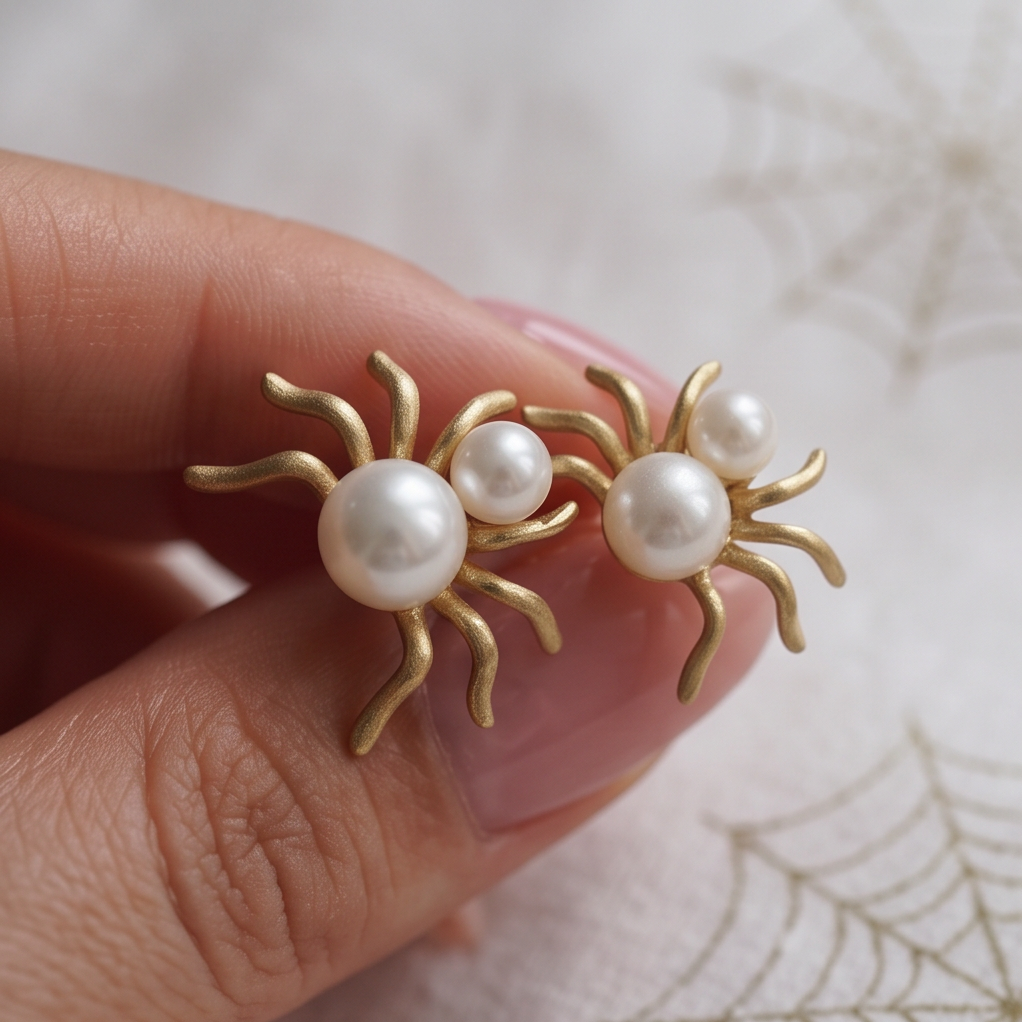 Pearl Spider stud earrings held pinched between fingers over white fabric with a spider web pattern