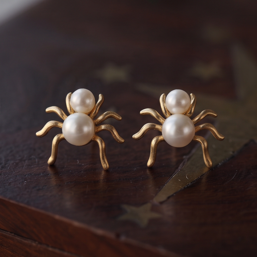 Pearl Spider stud earrings pair laid flat on dark wood with gold star inlay, pearls facing up